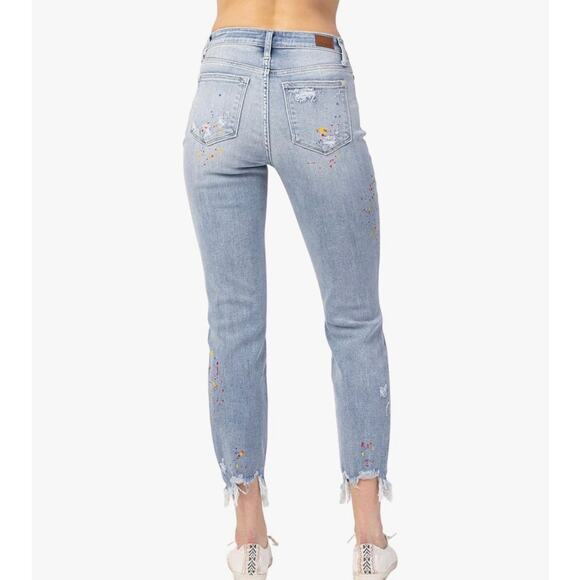 NWT Judy Blue W 9/29 High-Rise Destroyed Confetti Paint Boyfriend Jeans - Picture 3 of 9